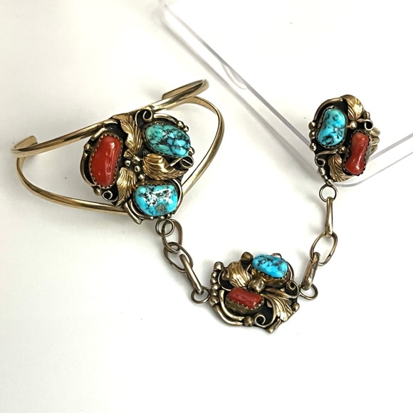 Signed - Kee Tsosie, Navajo. Vintage Sterling, 12K GF Turquoise Slave Cuff /Ring - Picture 1 of 8